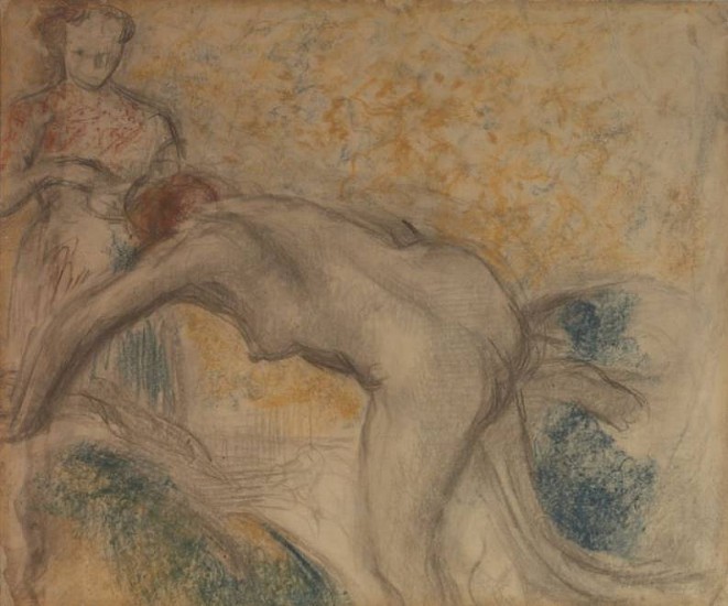 Edgar Degas
La Sortie du bain, c. 1895-1898
Pastel
25 3/16 x 30 1/4 in. (65 x 78 cm)
Pastel and charcoal on transparent tracing paper, lined on off-white machine made wove paper (Bristol card), mounted to canvas, tacked to a wooden stretcher with a cross bar
