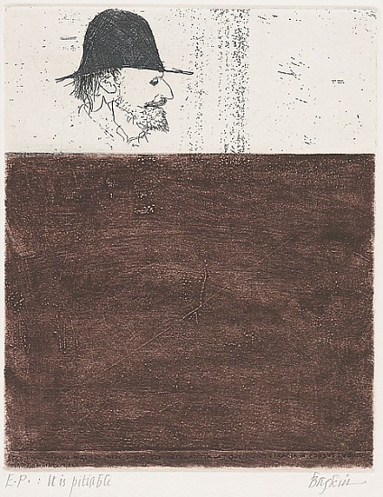 Leonard Baskin
E.P.  It is Pitiable, c.1950-1969 (most likely 1964)
Etching and aquatint printed in black and green on moderately thick moderately textured cream wove paper
9 3/4 x 7 3/4 in. (24.8 x 19.7 cm)
open edition