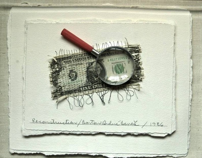 Barton Benes
Reconstruction, 1986
14 1/4 x 11 1/4 in. (36.2 x 28.6 cm)
Acrylic/canvas, magnifying glass, US currency, thread/paper