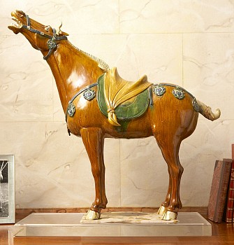 Tang Dynasty - Blue & Sancai Glazed Pottery Figure of a Neighing Horse