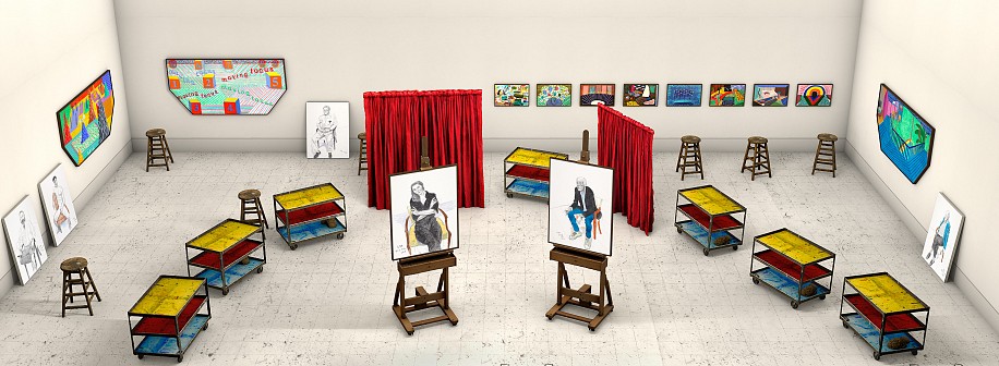 David Hockney
Seven Trollies, Six and a Half Stools, Six Portraits, Eleven Paintings, and Two Curtains, 2018
Photographic drawing printed on paper, mounted on Dibond
23 3/4 x 65 3/4 in. (60.3 x 167 cm)
Edition 8/25Two sizes