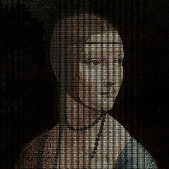 Jean-François Rauzier
After Leonardo da Vinci – Lady with an Ermine, 1489, 2013
Double photograph transparency and digital code mounted in a lightbox
24 x 24 x 2 3/4 in. (61 x 61 x 7 cm)
Edition 1/3