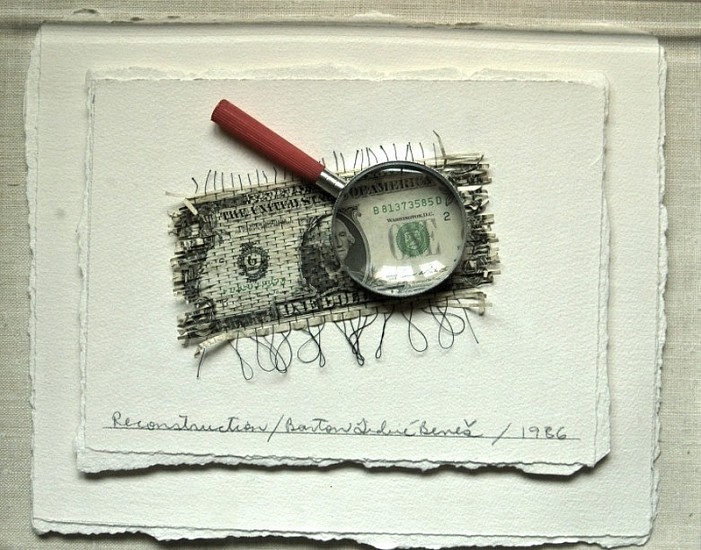 Barton Benes
Reconstruction, 1986
Mixed media
14 1/4 x 11 1/4 in. (36.2 x 28.6 cm)
Acrylic/canvas, magnifying glass, US currency, thread/paper